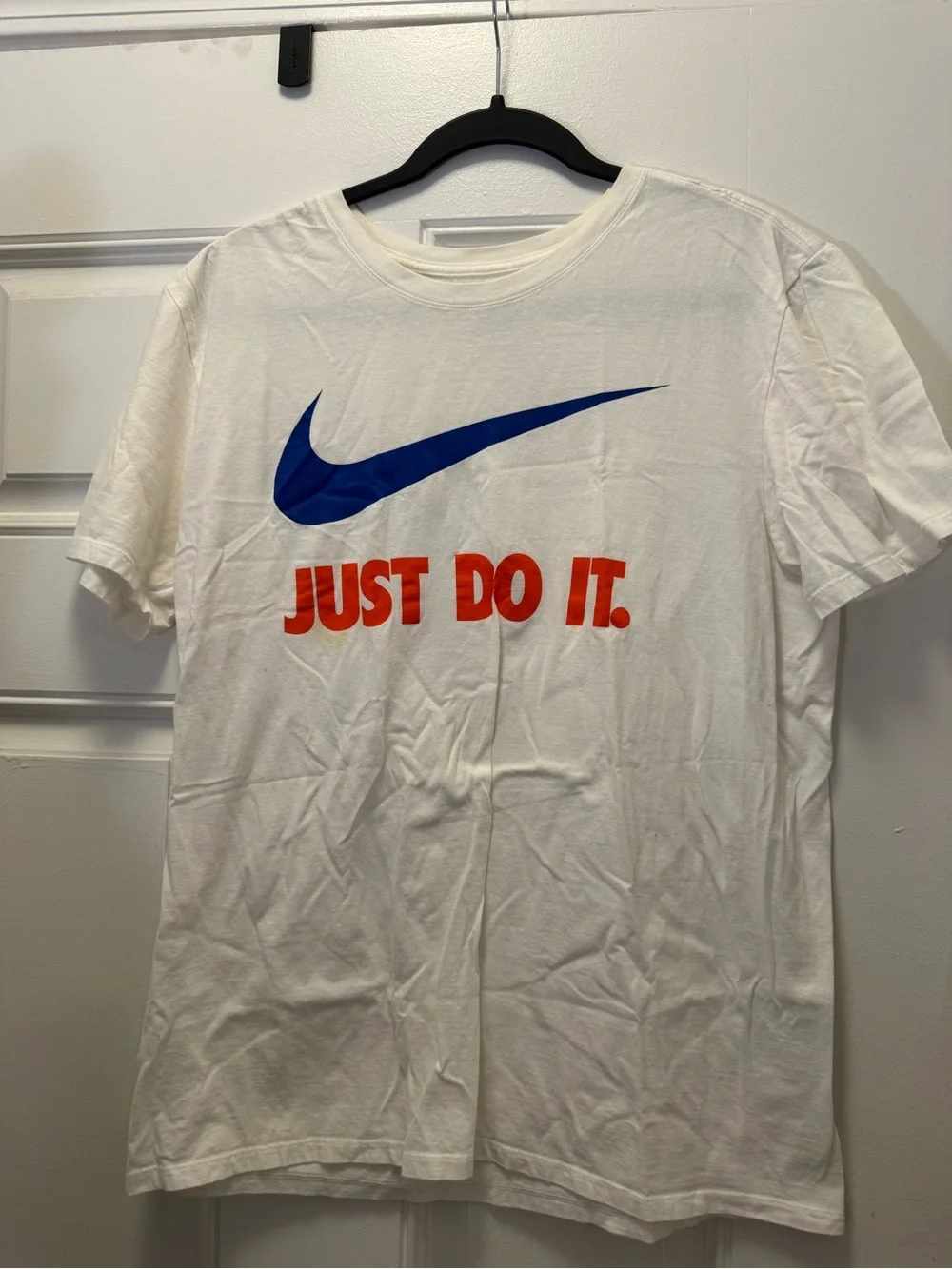 Nike White Short Sleeve T‑Shirt with Blue Swoosh and Red 'Just Do It.' 0286